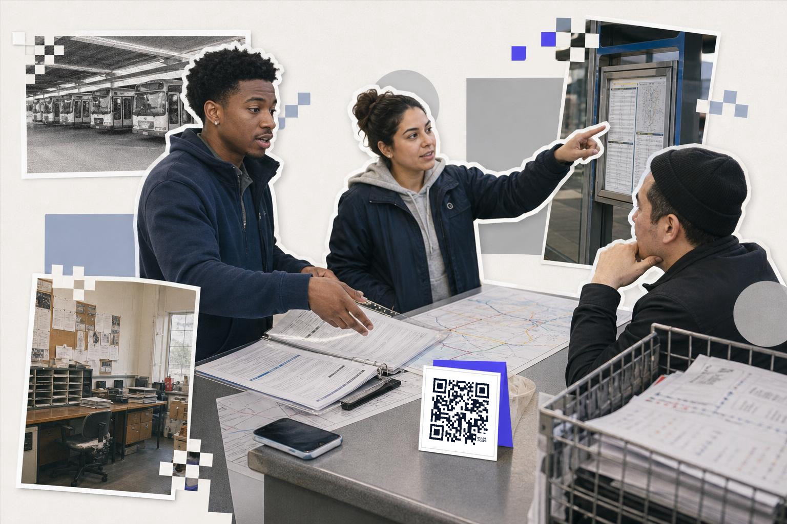 Three people discuss at a table with maps and a QR code card, surrounded by transport-related photos.