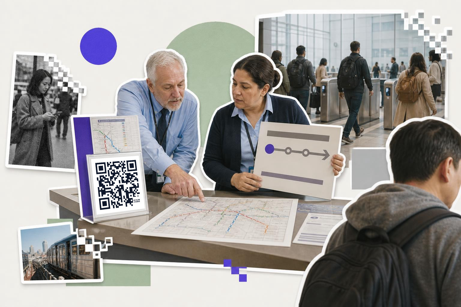 Two people discuss a transit map at a counter with a QR code, surrounded by commuters.
