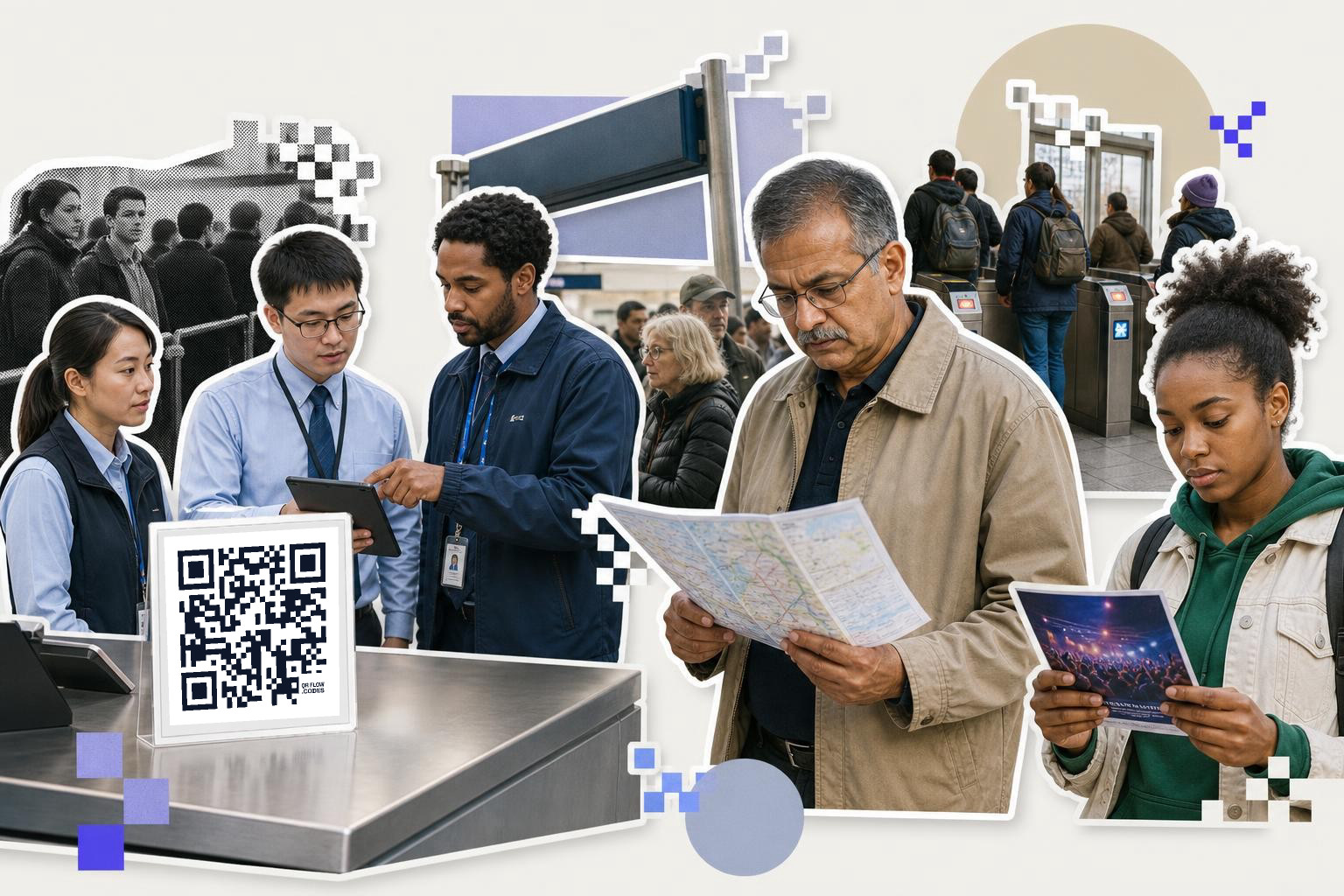People at a transit station with a QR code on a counter and some reading maps or brochures.
