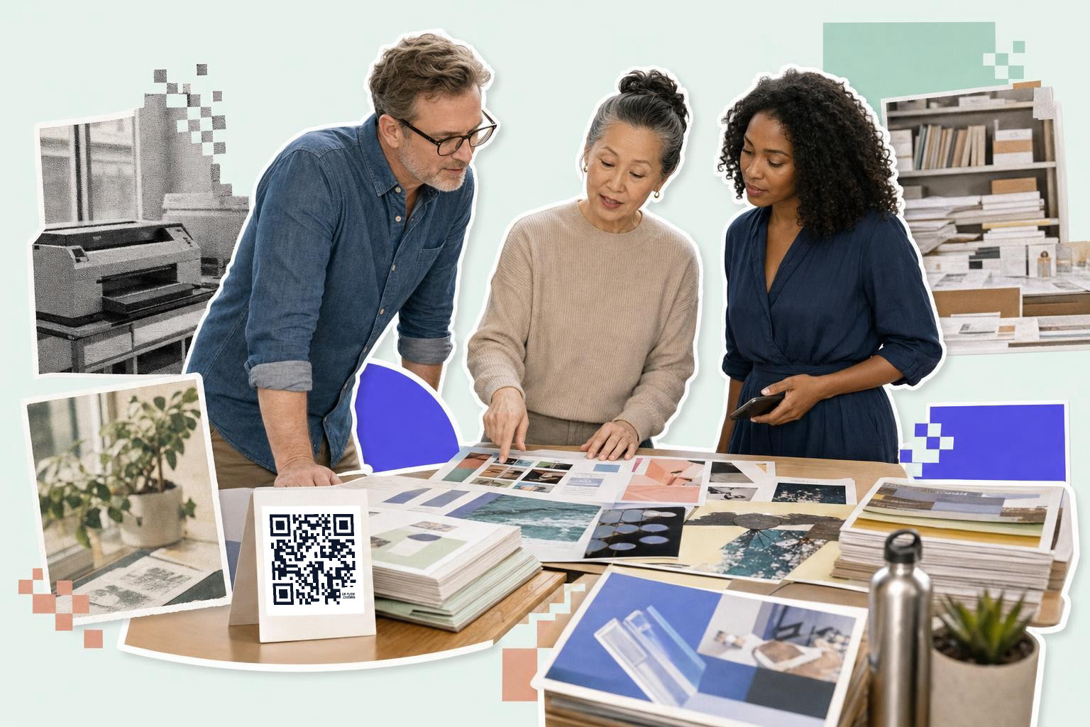 Three people discuss design layouts on a table with a QR code card showing how to add a QR code to a flyer.