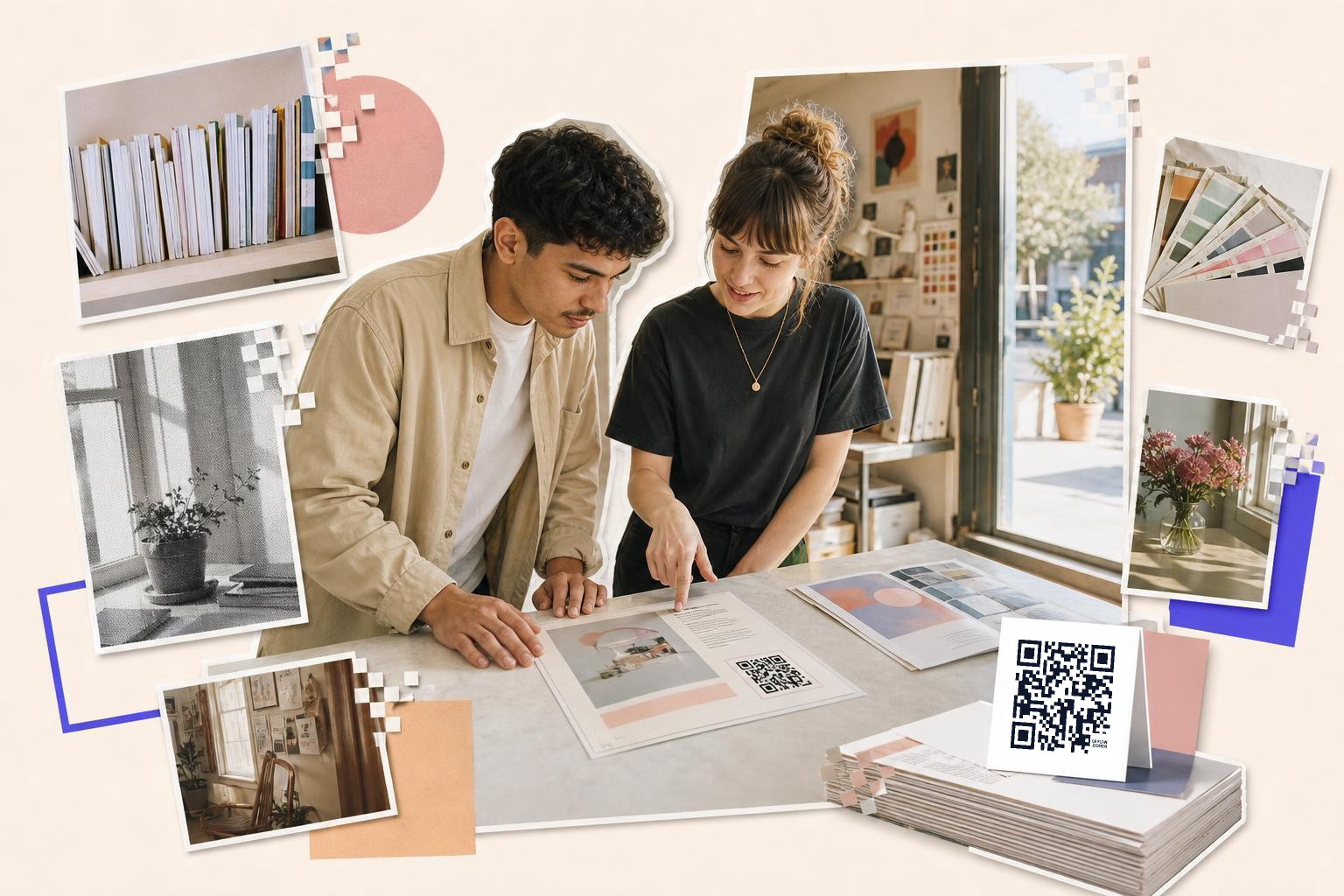 Two people examining a document with a QR code in a creative studio with various photos around.
