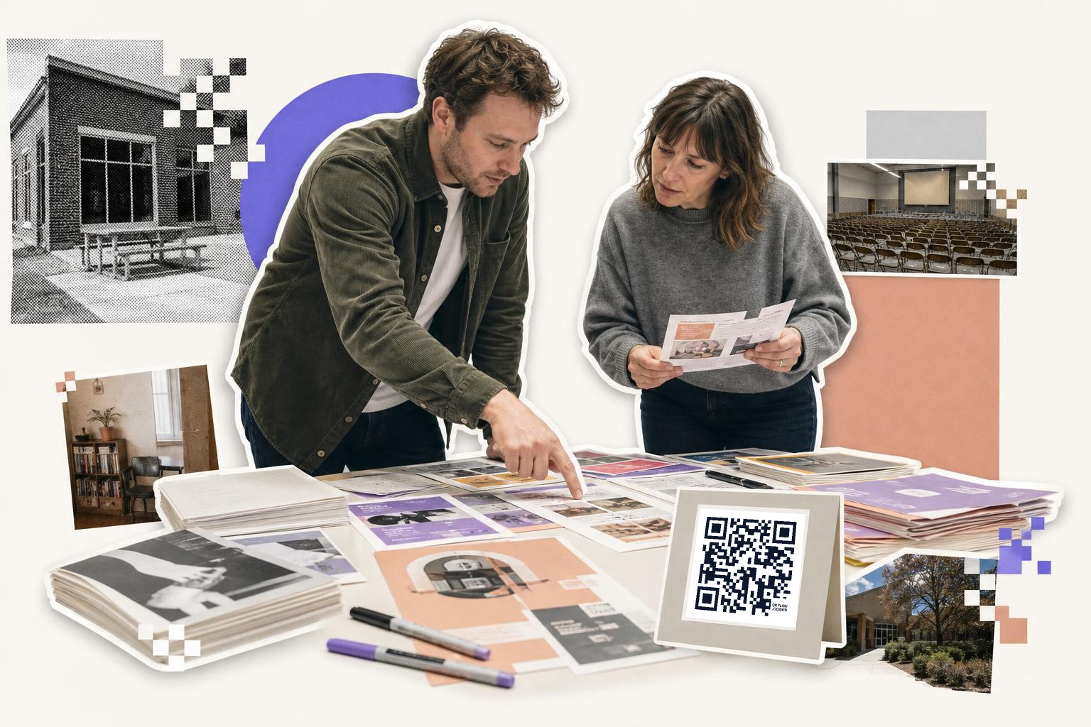 Two people examining documents on a table with a QR code card and various photos around them.