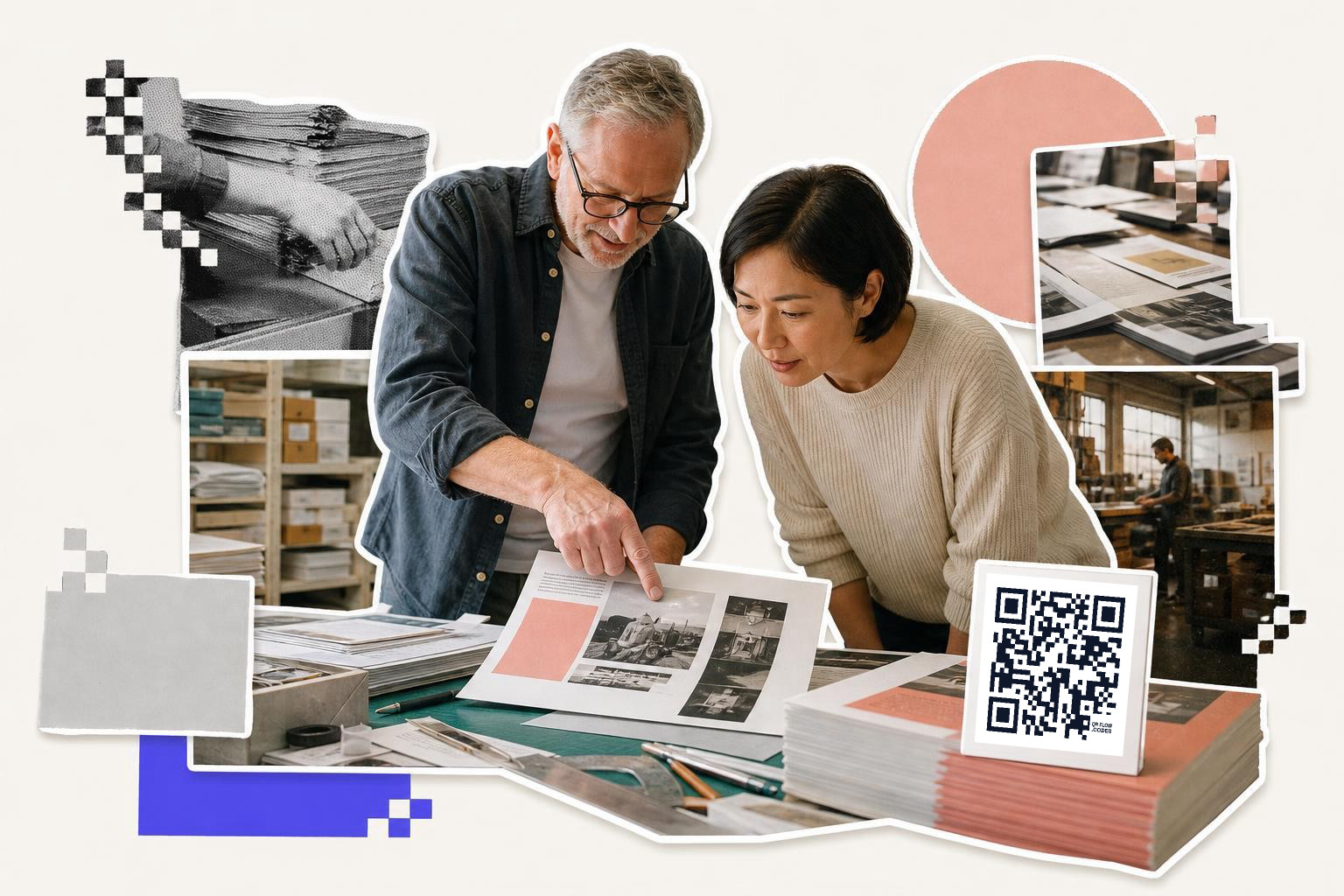 Two people examining printed materials on a table with a QR code card nearby in a workshop.