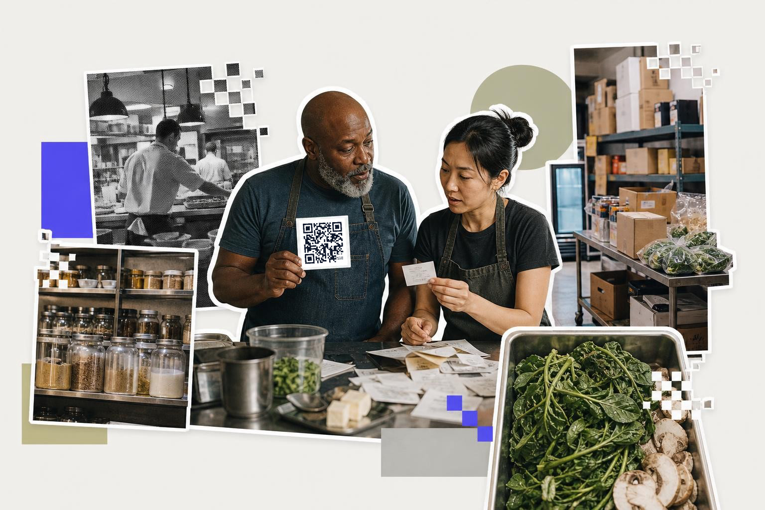 Two people in aprons examine a QR code card in a kitchen with shelves and vegetables.