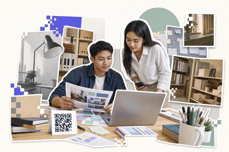 Two people at a desk with a laptop and QR code card, discussing how to generate QR codes.