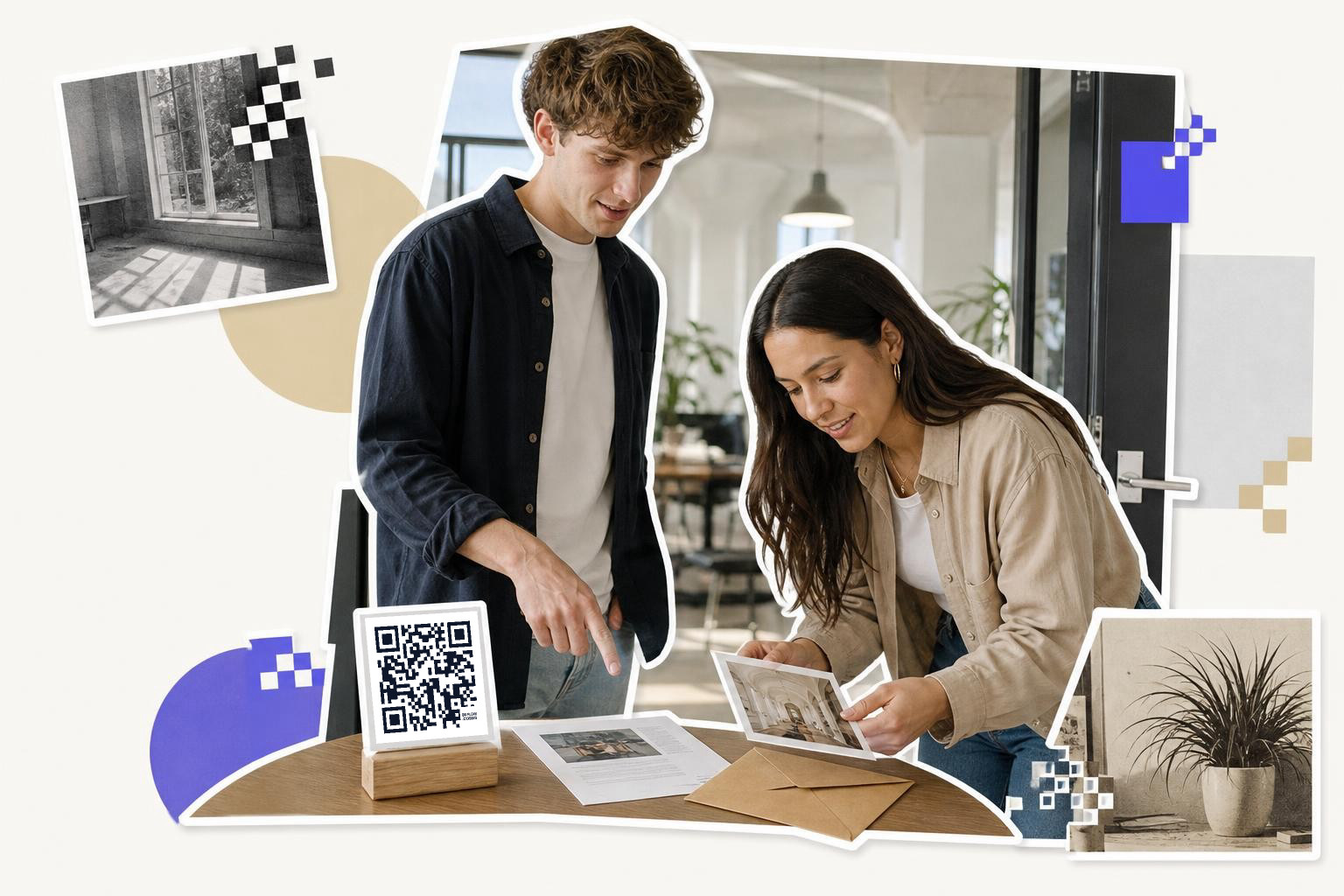 Two people examining a photo at a table with a QR code stand nearby in an office setting.