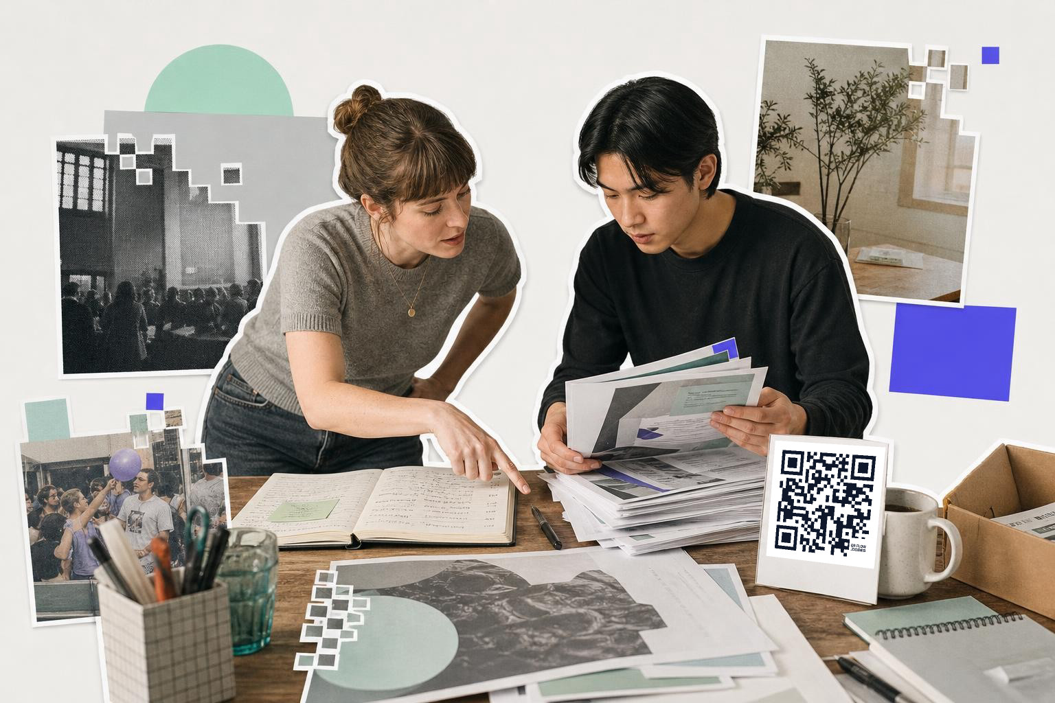 Two people reviewing documents at a table with a QR code card and various photos around them.