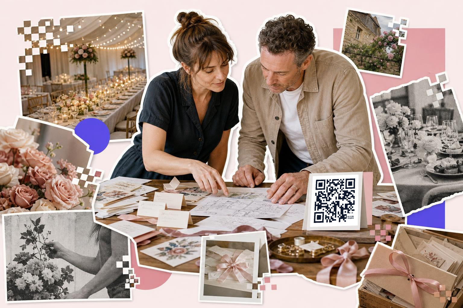 A couple examines wedding plans on a table with a QR code card, surrounded by floral and venue images.