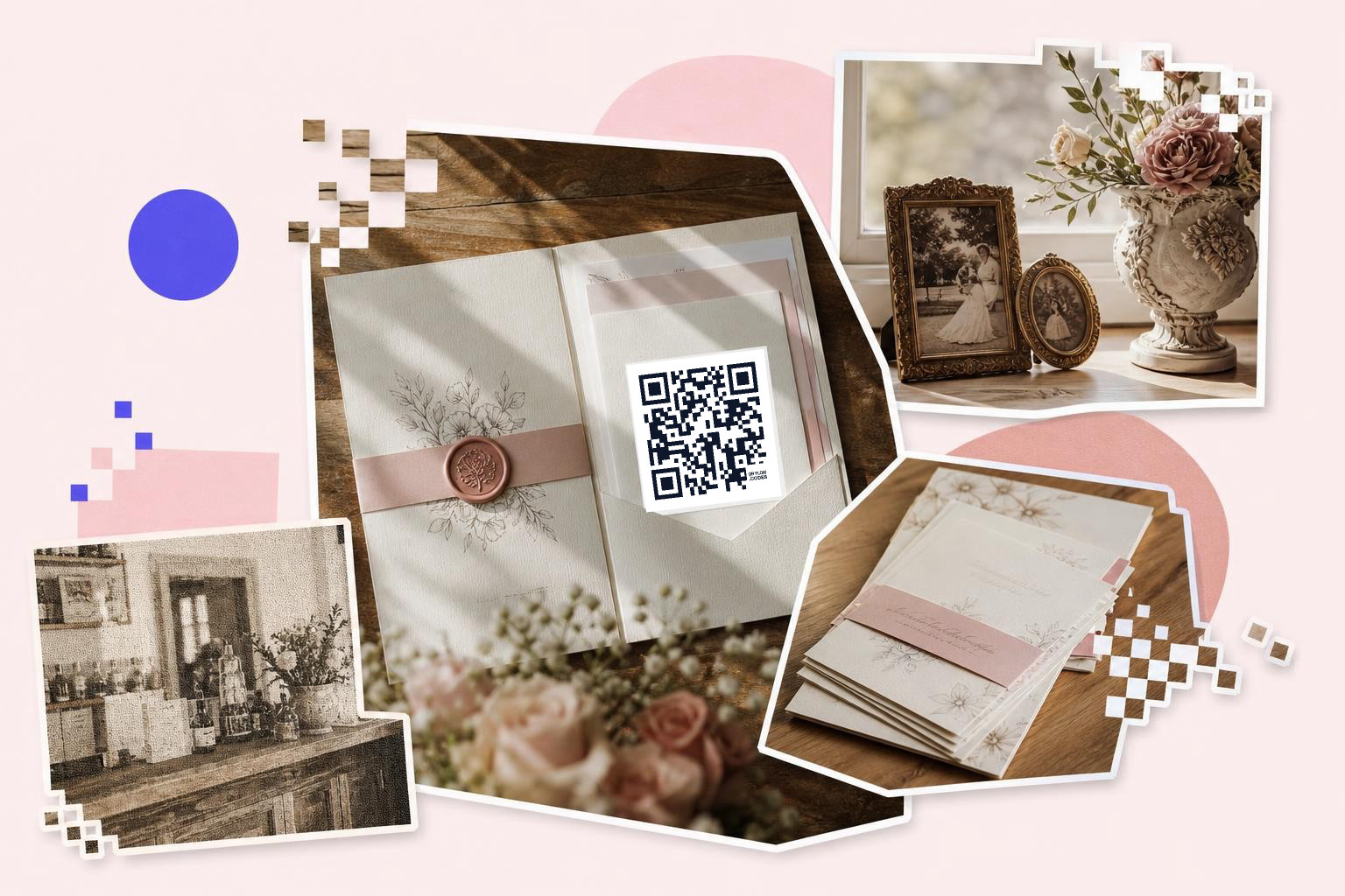 Scene with wedding invitations, QR code, vintage photos, and floral vase on a wooden table.