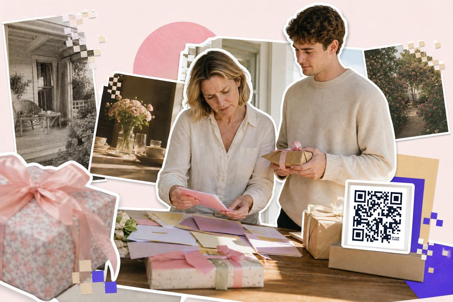 Two people exchanging gifts at a table with a QR code card and various photos around them.