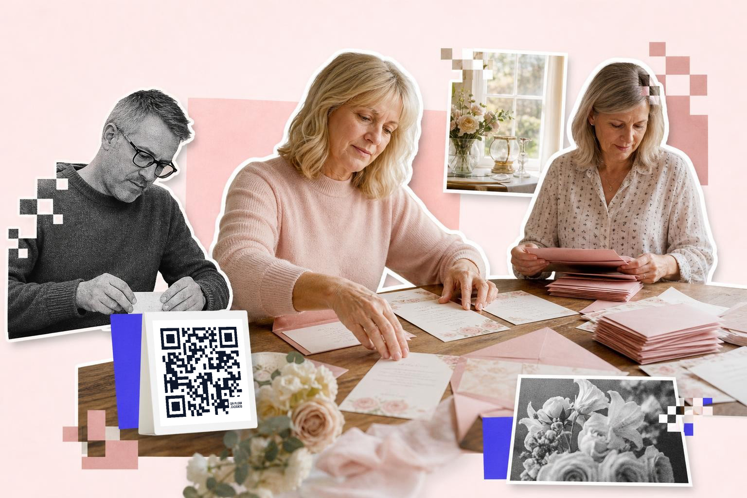 Three people preparing invitations at a table with a QR code card and floral decorations.