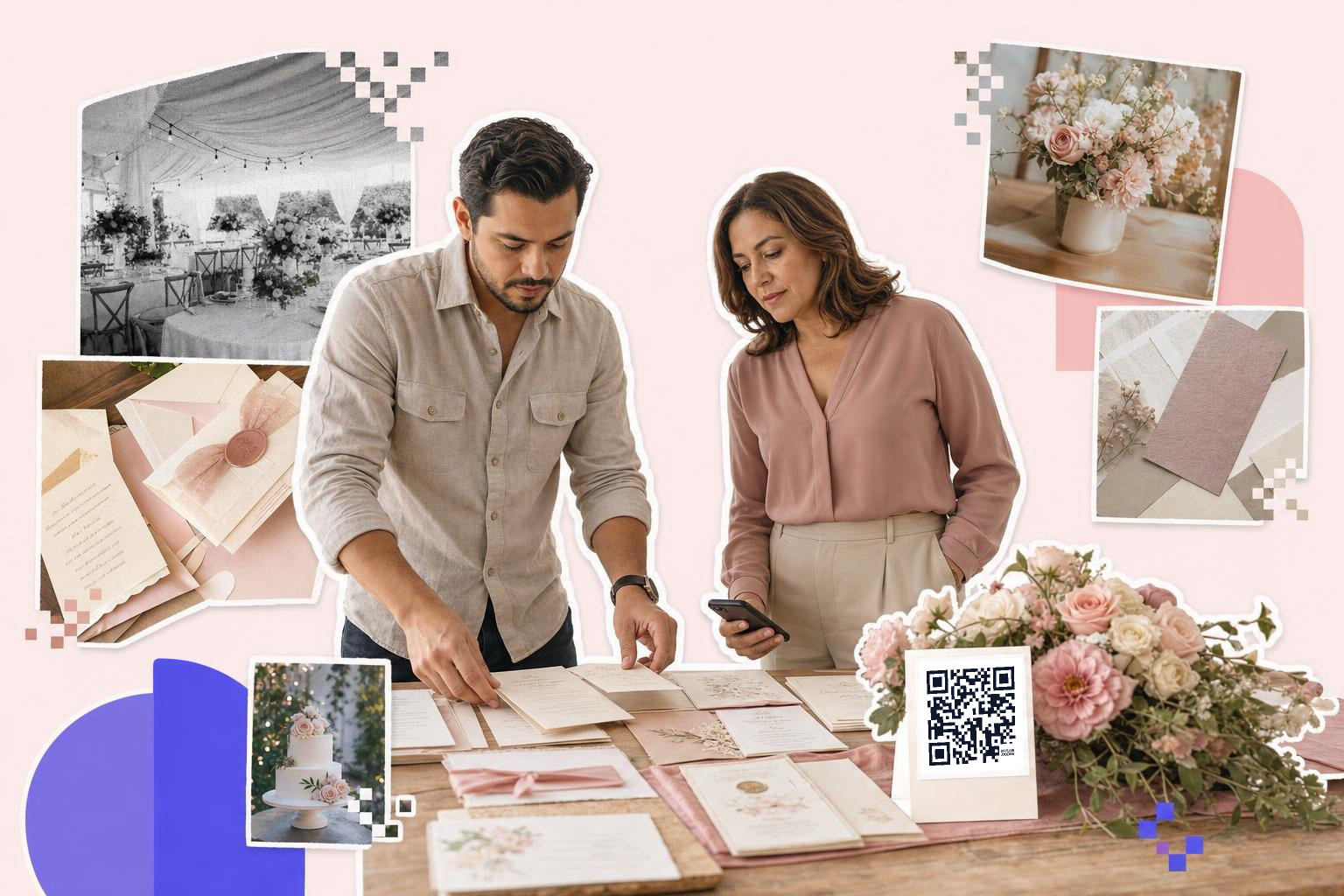 Two people review wedding invitations with QR code on a table surrounded by floral arrangements and decor photos.