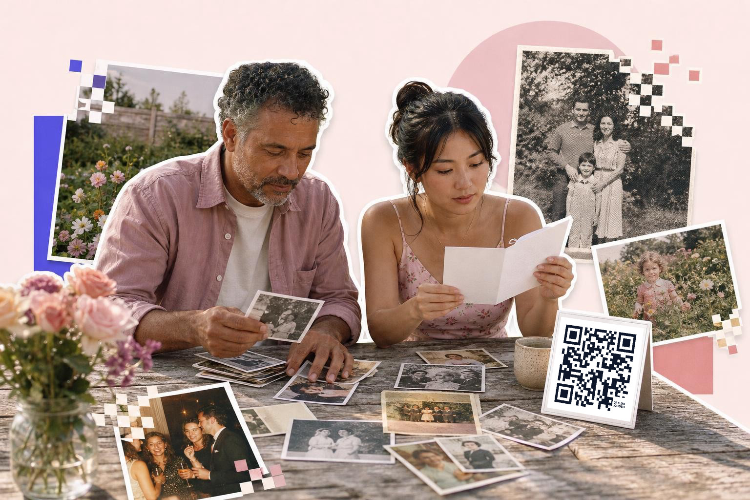 Two people sitting at a table looking at old photographs with a QR code card nearby.