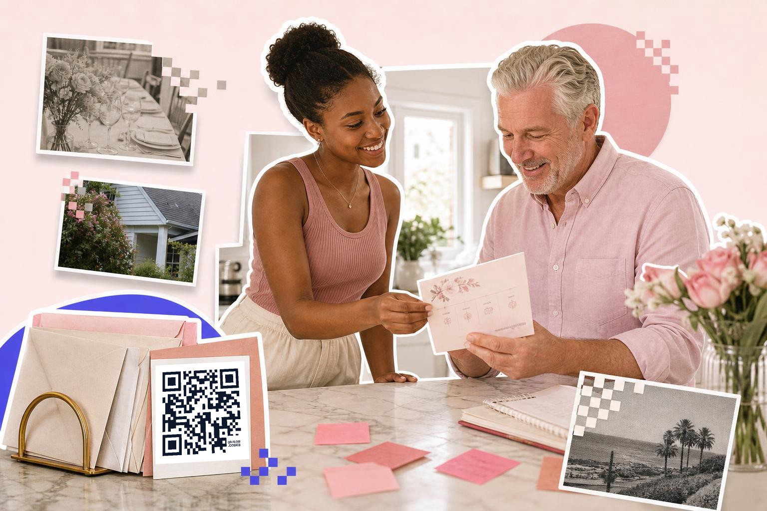 A young woman shows a wedding invitation with a QR code to an older man at a kitchen table, surrounded by flowers and notes.
