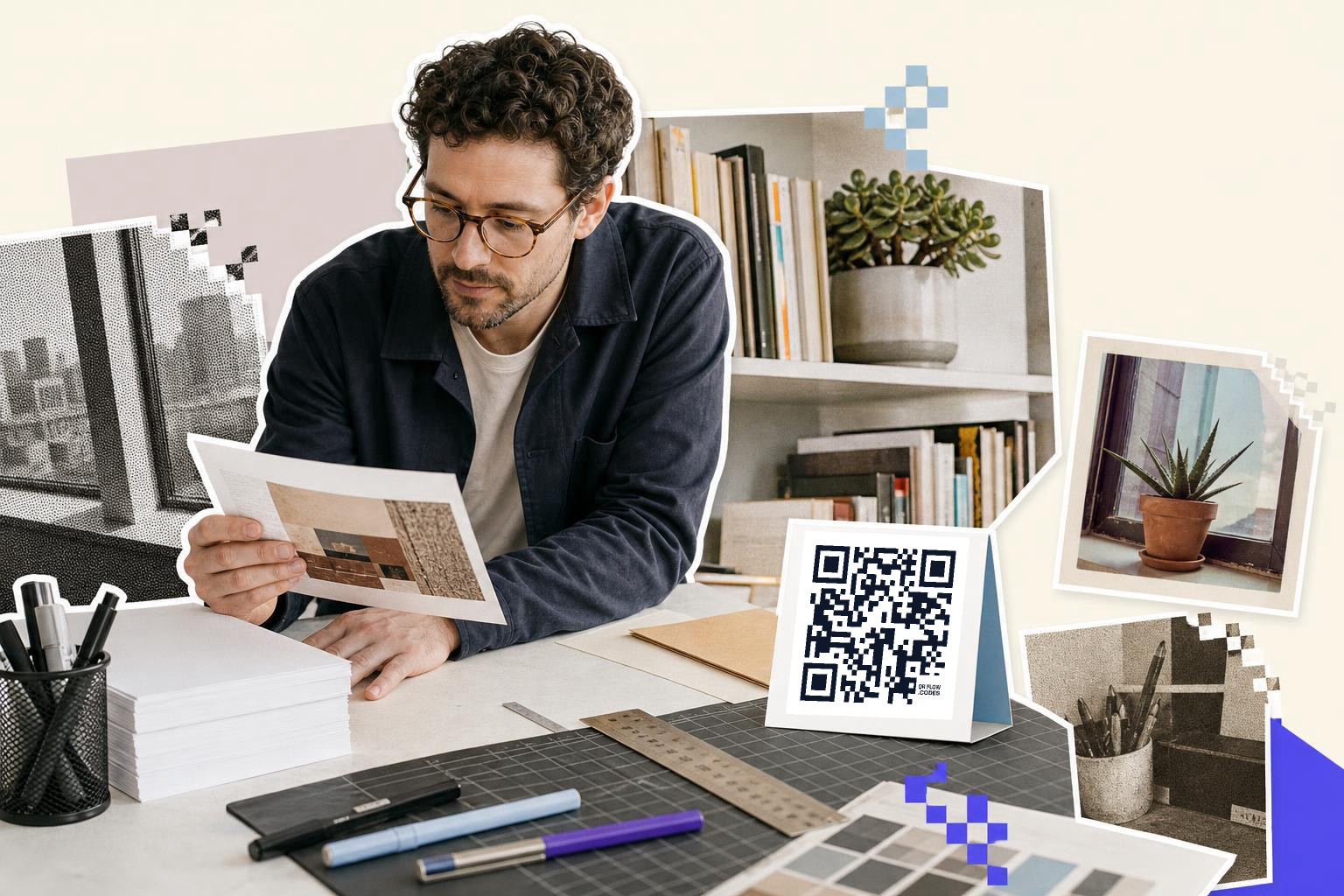 Man with glasses examines a paper at a desk with a QR code card and art supplies.