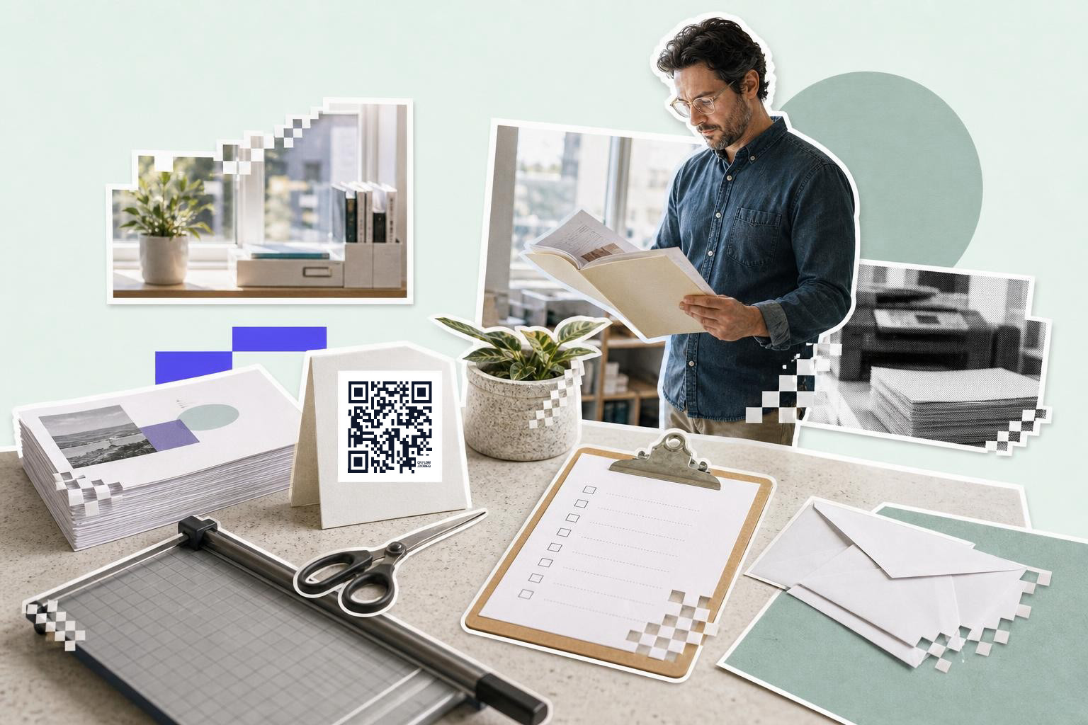 Man reading a document in an office with a QR code card on a desk nearby.