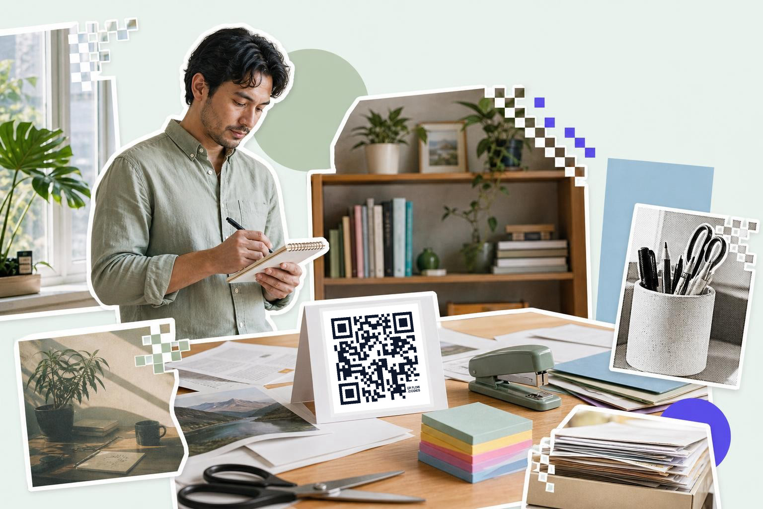 Man writing in notebook at desk with QR code card and office supplies in a home office setting.