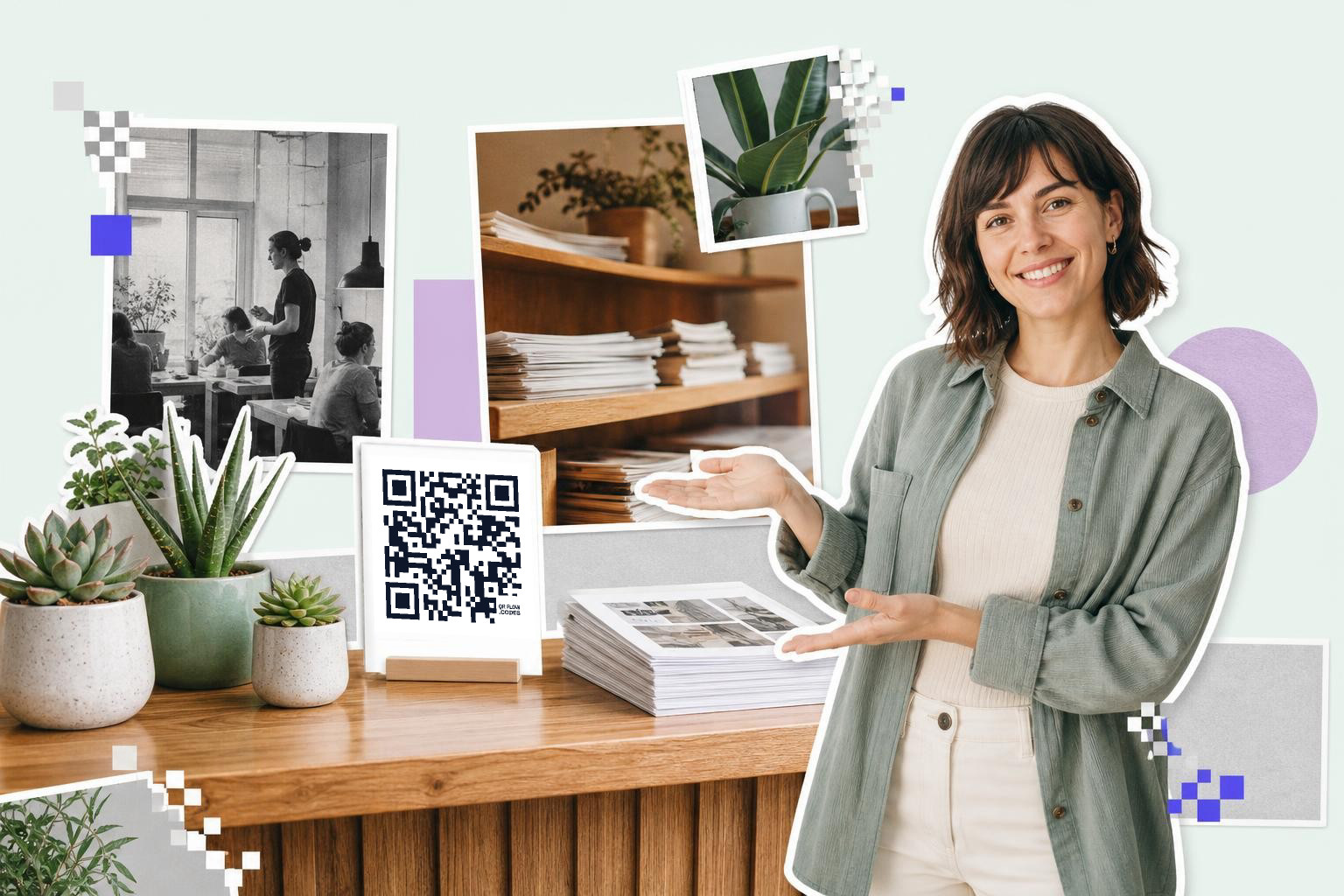 Smiling woman gestures towards a QR code on a card, surrounded by plants and photo cut-outs.