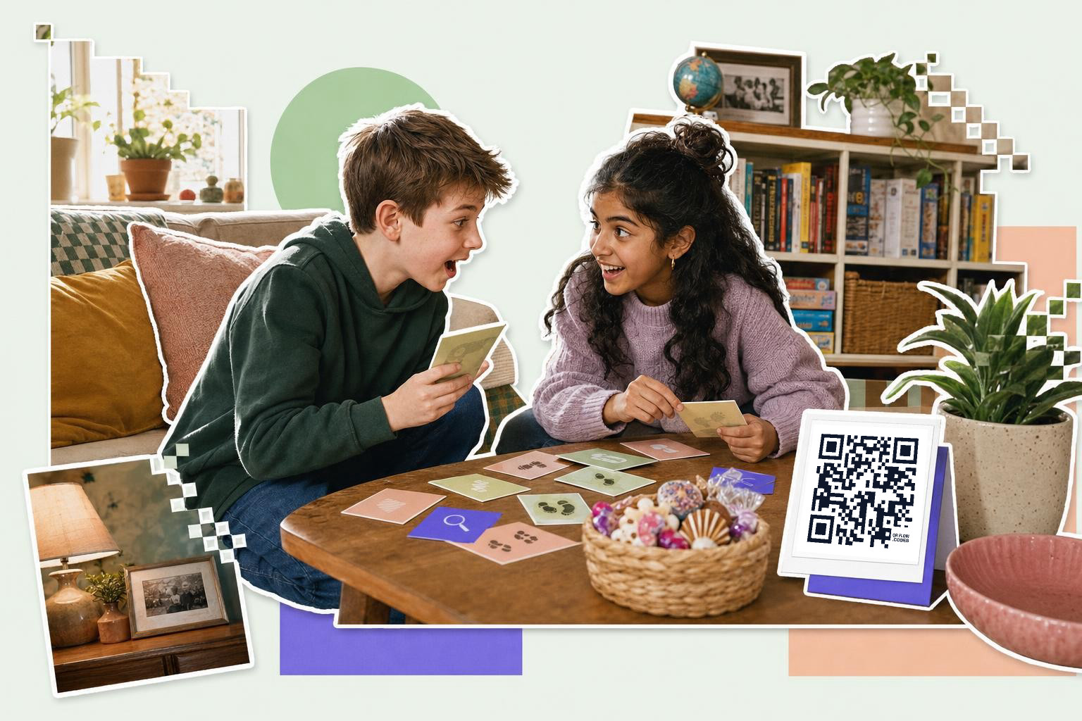 Two children excitedly playing a card game at a table with a QR code card nearby.