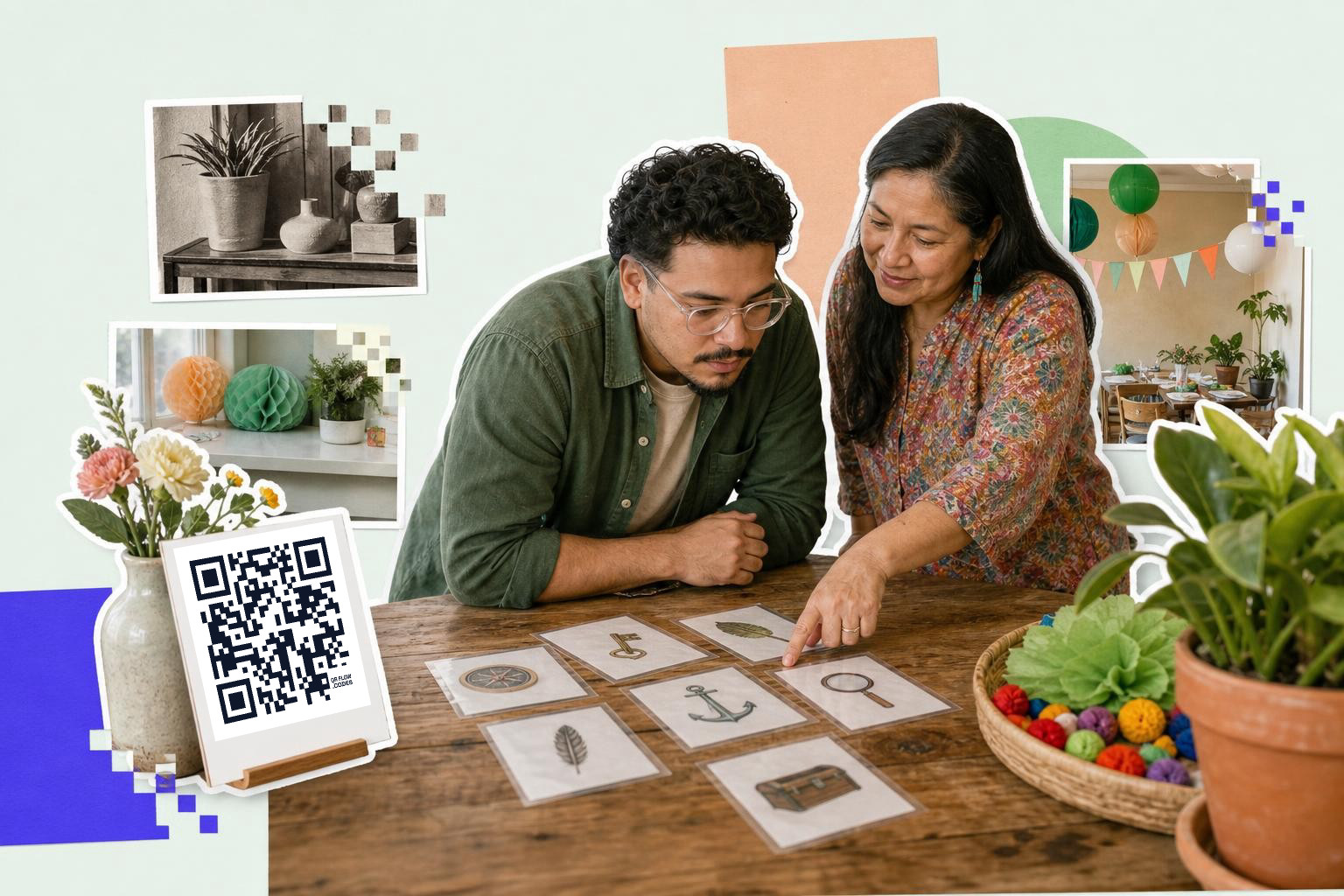 Two people examining cards on a table with a QR code sign nearby and plants around.