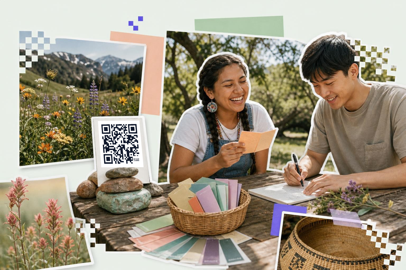 Two people sitting at a table outdoors with a QR code and colorful cards.