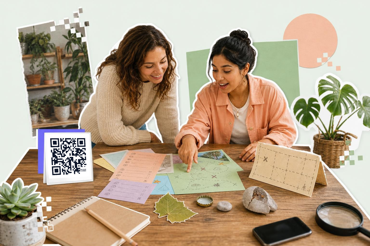 Two people at a table with maps, a QR code card, and plants in the background.