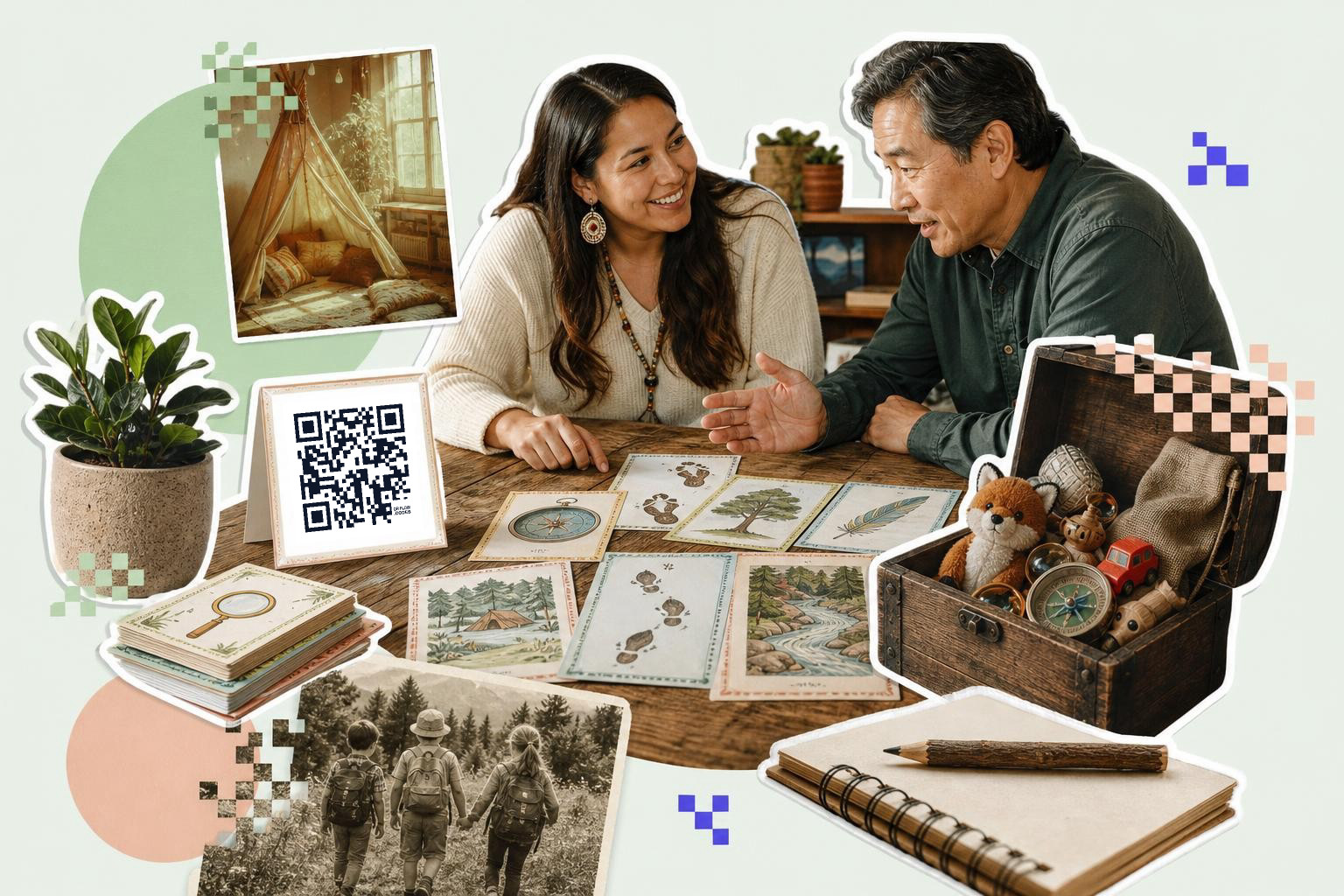 Two players at a kitchen table read a printed clue card while a QR code sticker sits beside a box of toys.