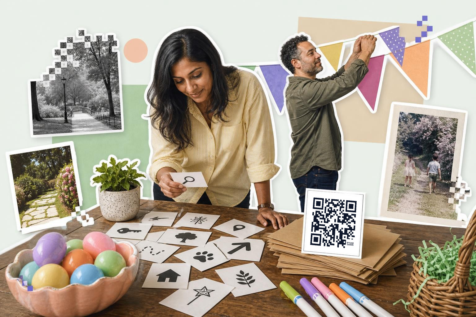 Woman examines cards on table while man hangs bunting, QR code on card, photos and eggs nearby.