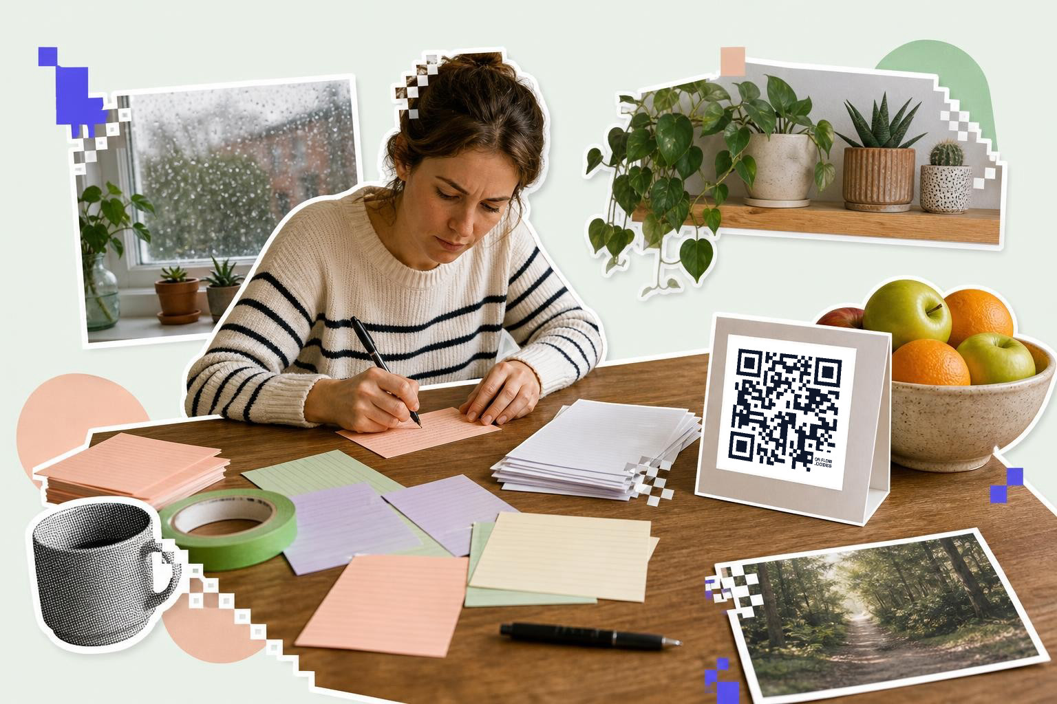 Woman writing on colored cards at a table with a QR code stand and fruit bowl.