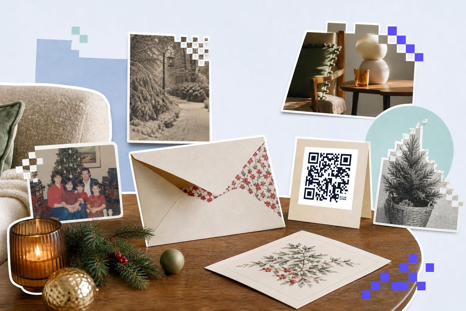 A cozy holiday scene with a QR code card, family photo, candle, and festive decorations on a table.