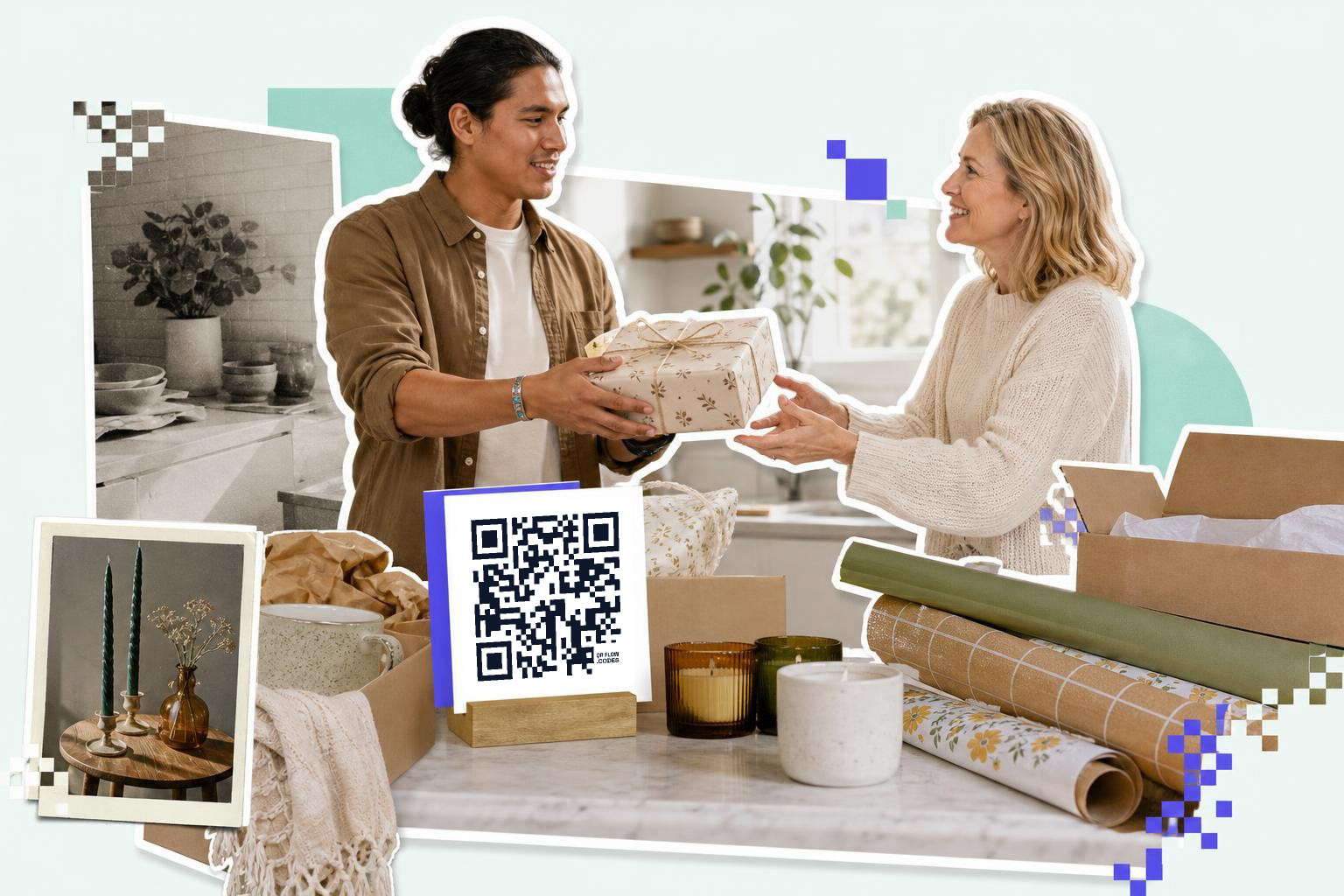 Two people exchanging a gift in a kitchen with a QR code on a stand nearby.