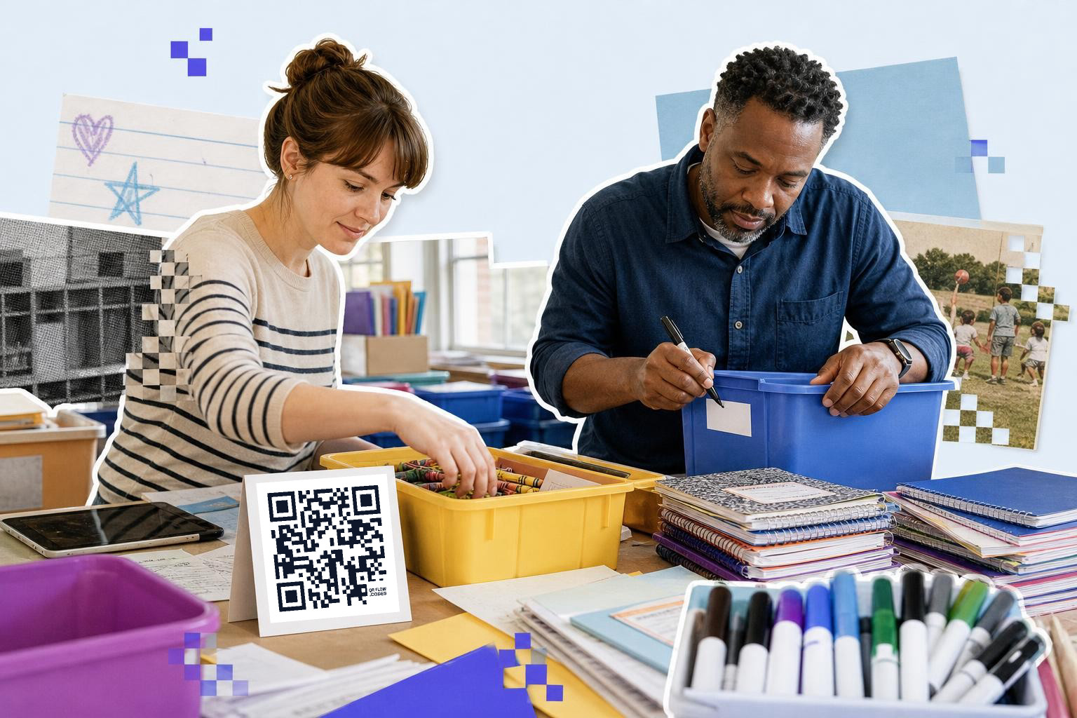 Two people organizing school supplies at a table with a QR code card displayed.