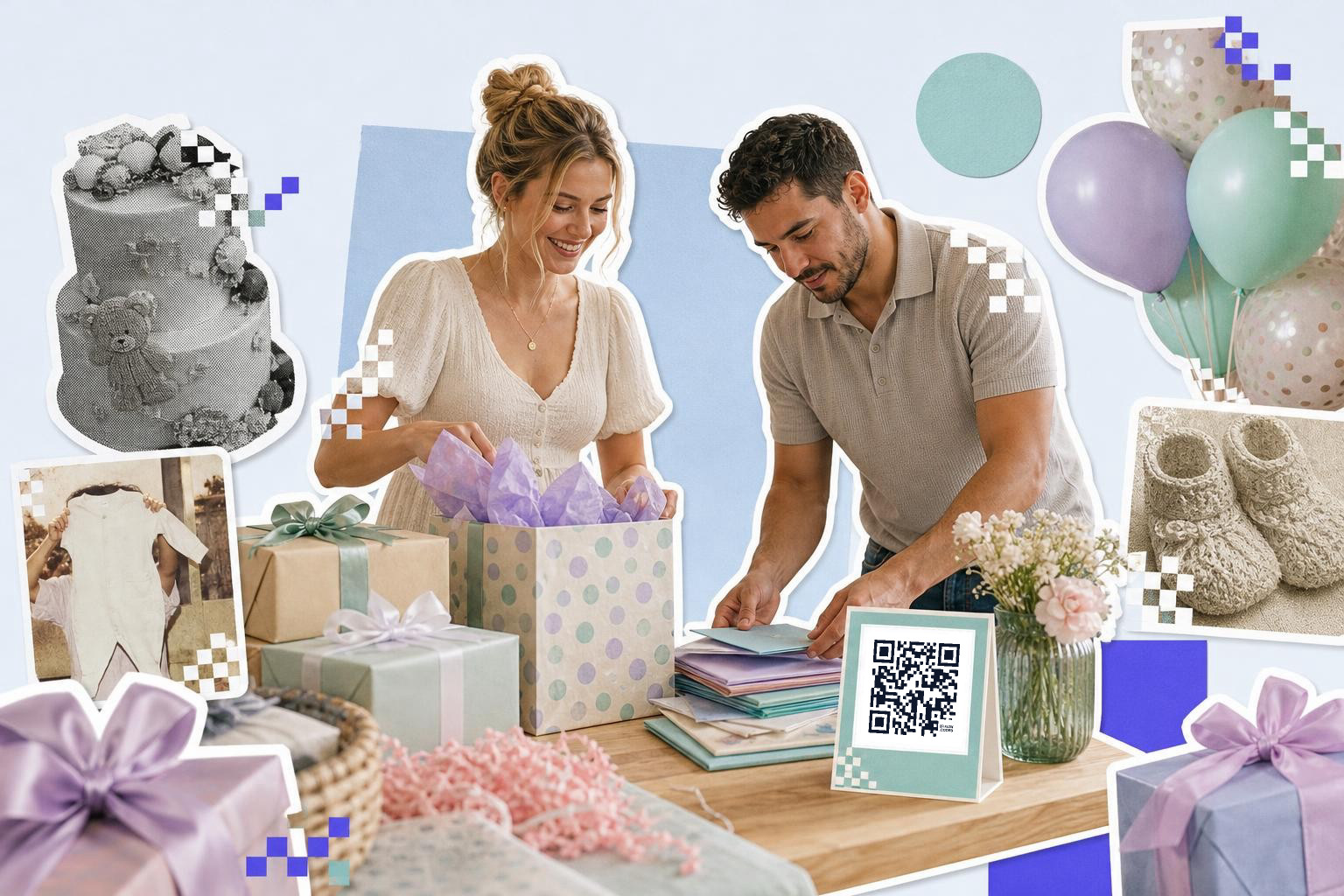 Two people smiling while opening gifts at a table with a QR code card and decorations.