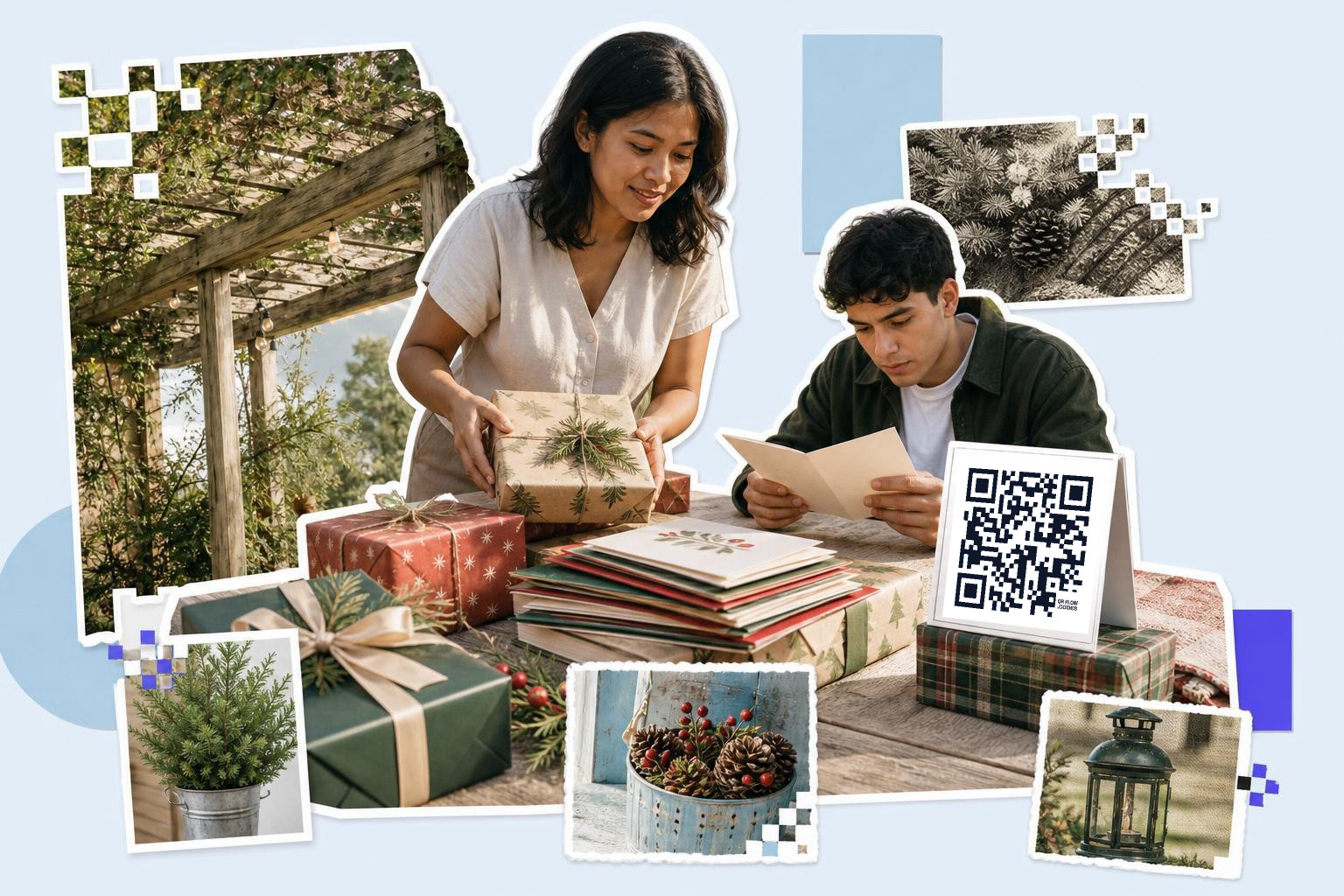 Two people wrapping gifts at a table with a QR code card and holiday decorations.