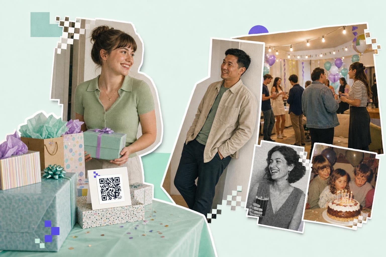 Woman holding gift near table with qr code for amazon wish list, man leaning on wall, party scene.
