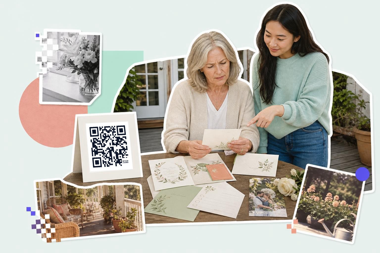 Two women at a table with floral stationery and a QR code card, surrounded by garden photos.