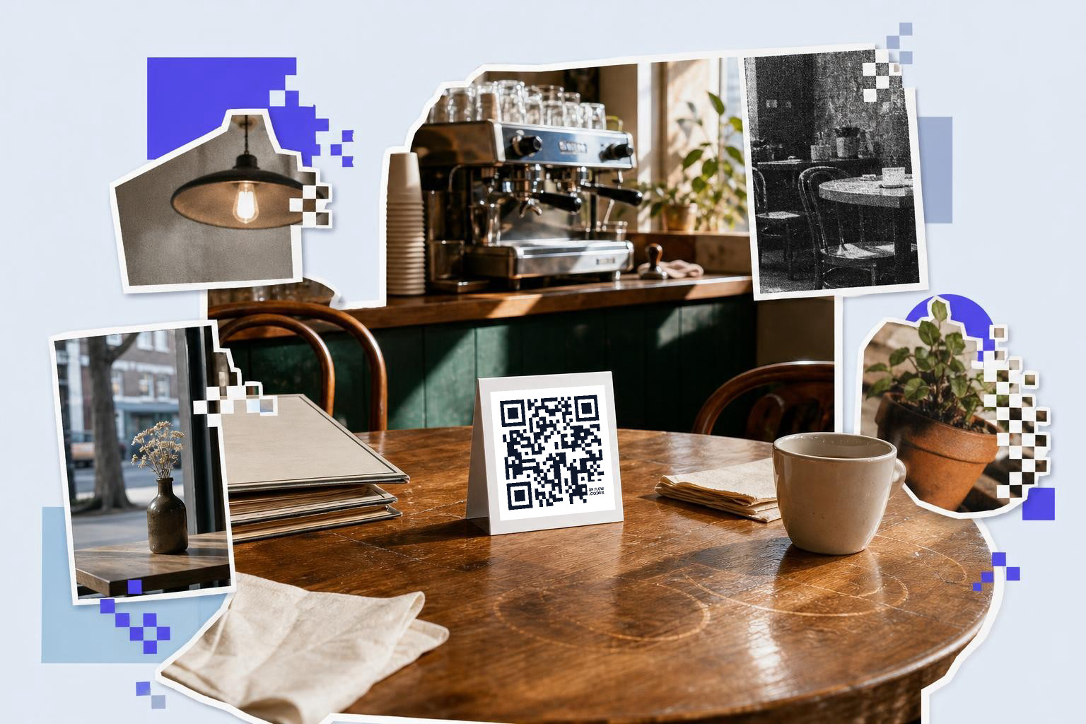 Cafe table with QR code card, coffee cup, and photo cut-outs of decor and plants.