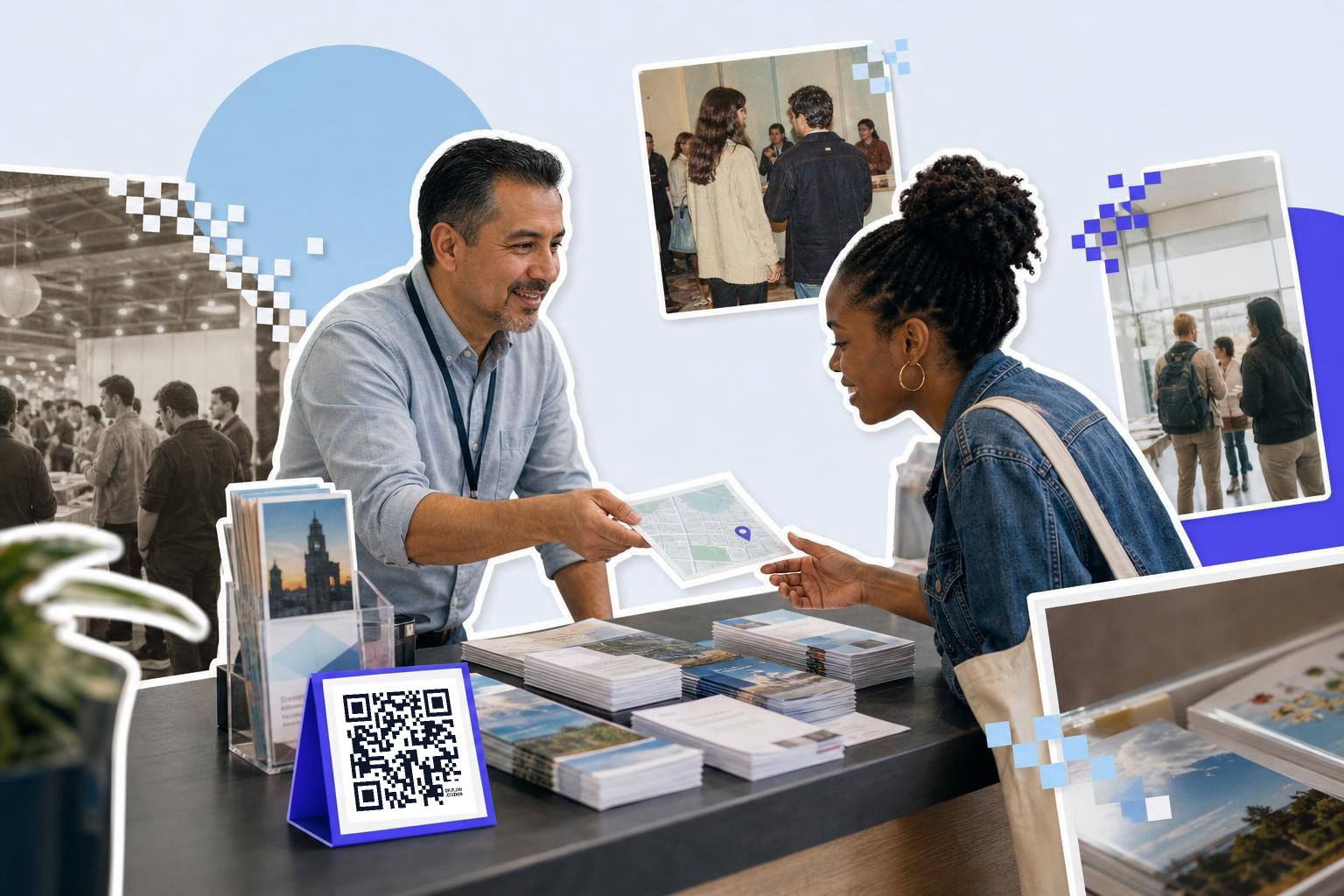 Man and woman at a counter with brochures and a QR code card, surrounded by event photos.
