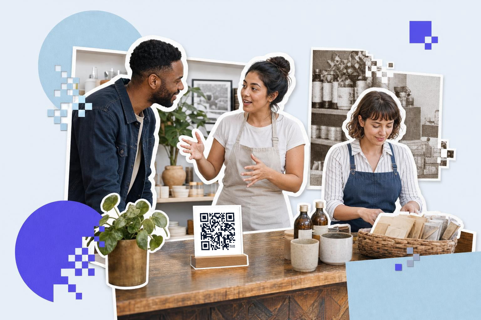 Two people converse at a counter with a google maps QR code card, another person packs items.
