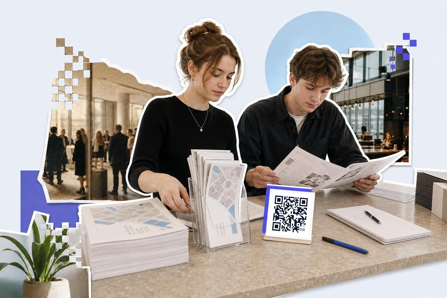 Two people at a counter with brochures and a QR code, background shows a conference and a cafe.
