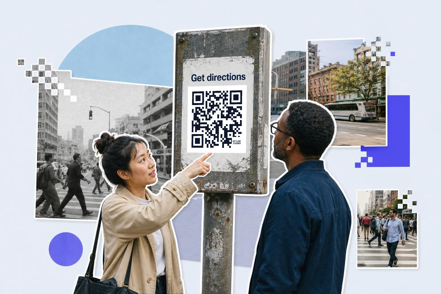Two people look at a QR code on a street sign with city scenes in the background.