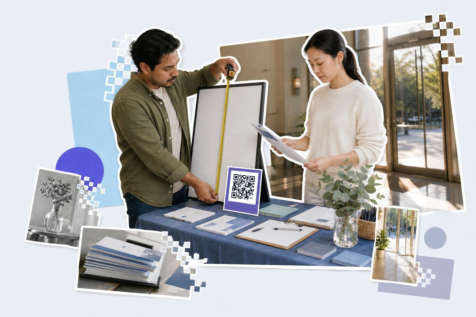Two people at a table with documents and a QR code card, one measuring a frame, in a bright room.