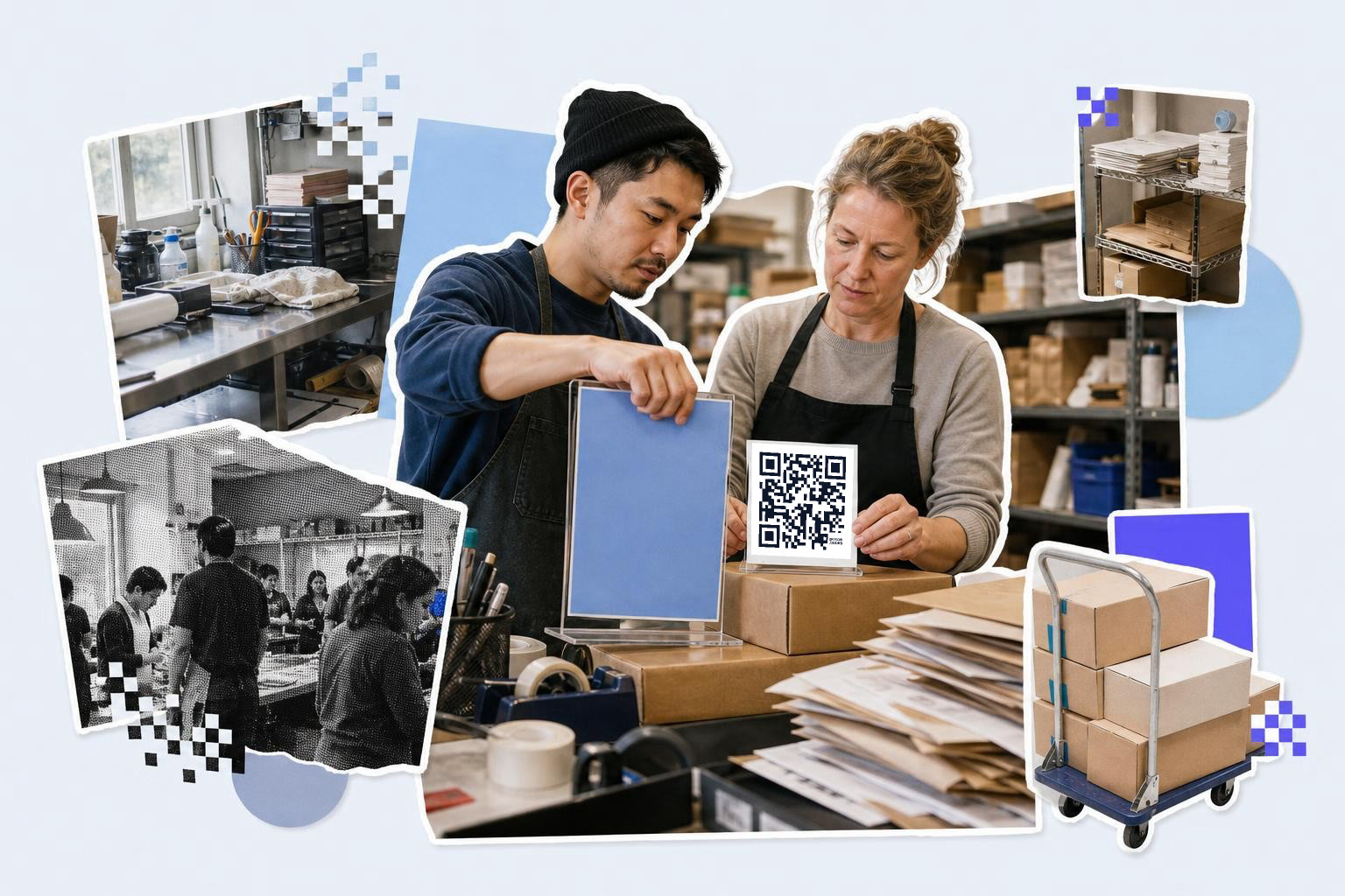 Two people in a workshop with a QR code card, surrounded by boxes and shelves.