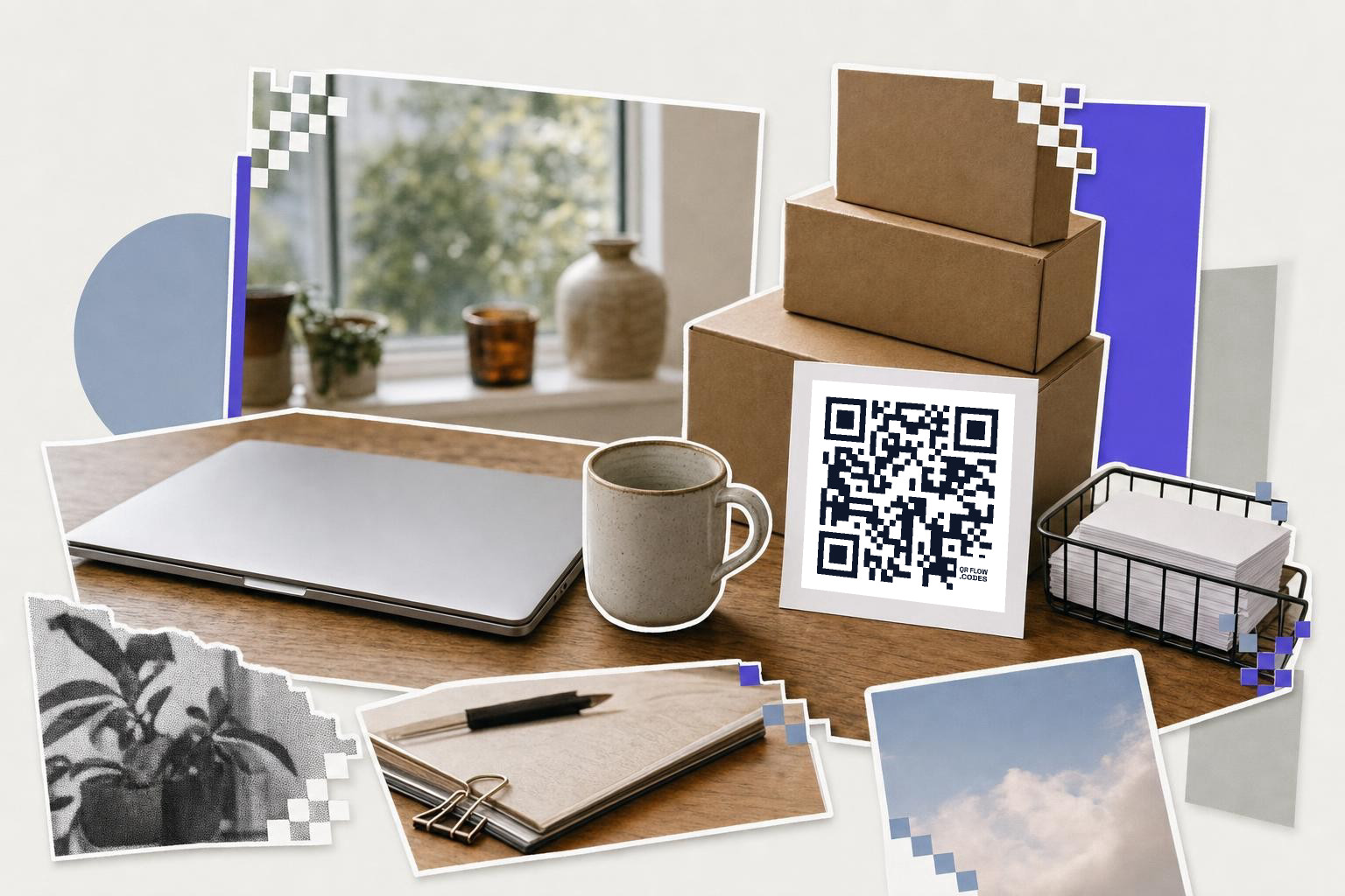 Laptop, mug, and stacked boxes with a QR code card on a desk near a window with plants.