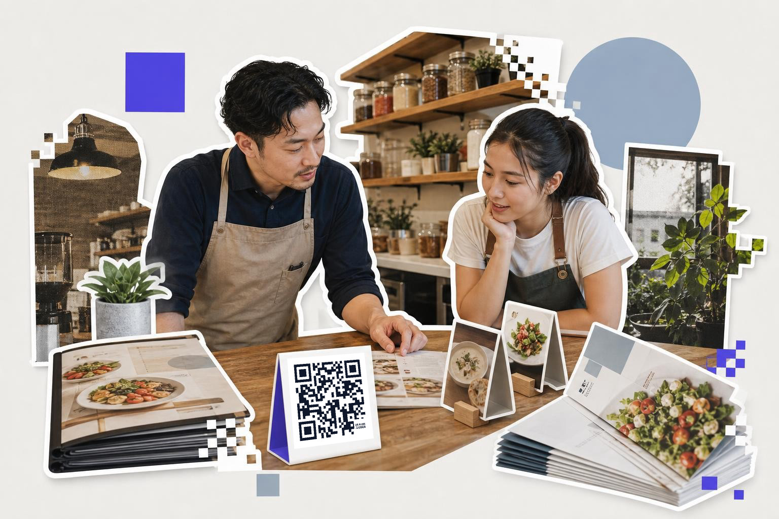 Two people in aprons discuss menu items at a wooden counter with a QR code card.