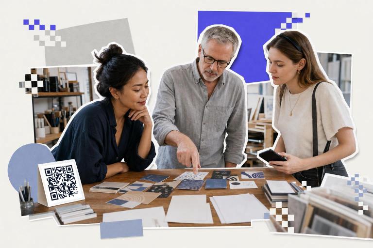 Three people discussing design samples at a table with a qr code generator free no sign up card., free qr code generator
