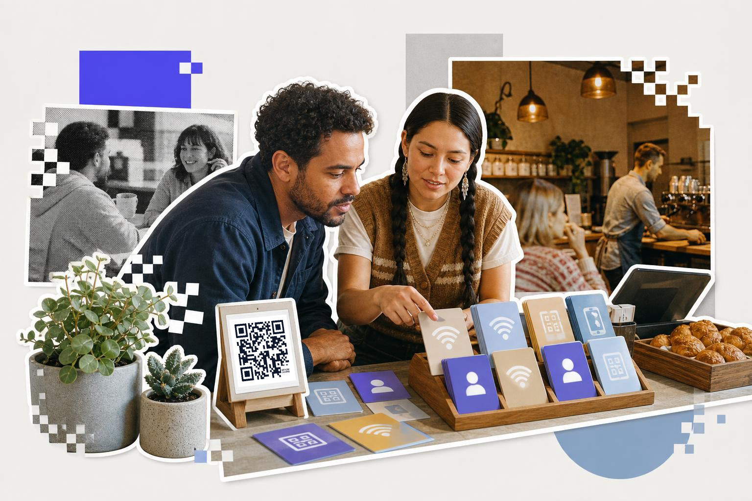 Two people examining cards with a QR code on a stand in a cafe setting.