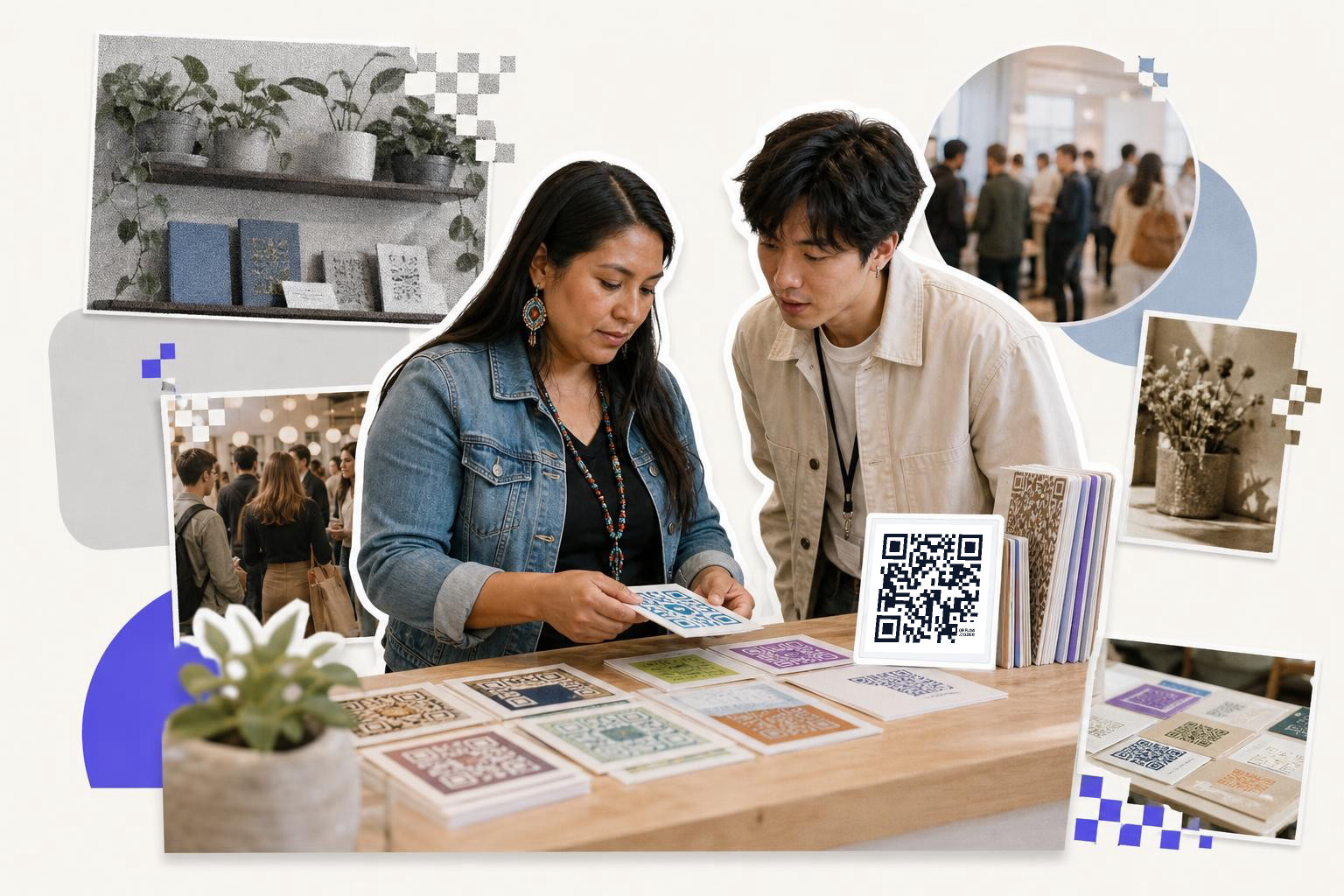 Two people examining cards with QR codes at a table, surrounded by various photo cut-outs.