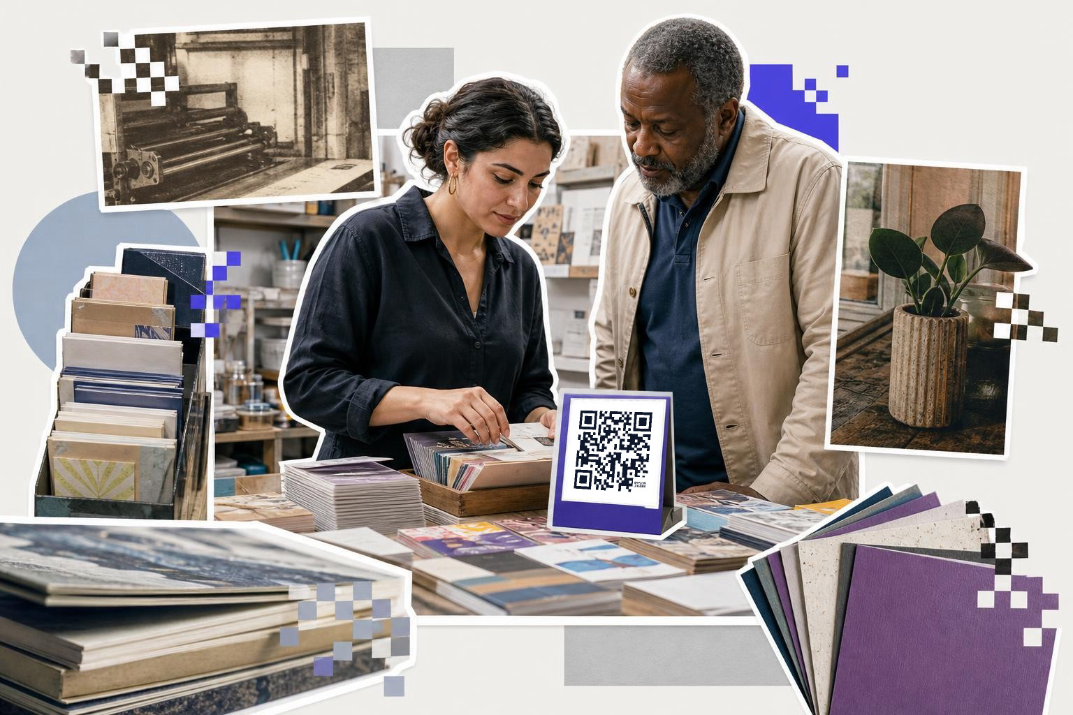 Two people examining paper samples with a QR code on a table in a workshop setting.