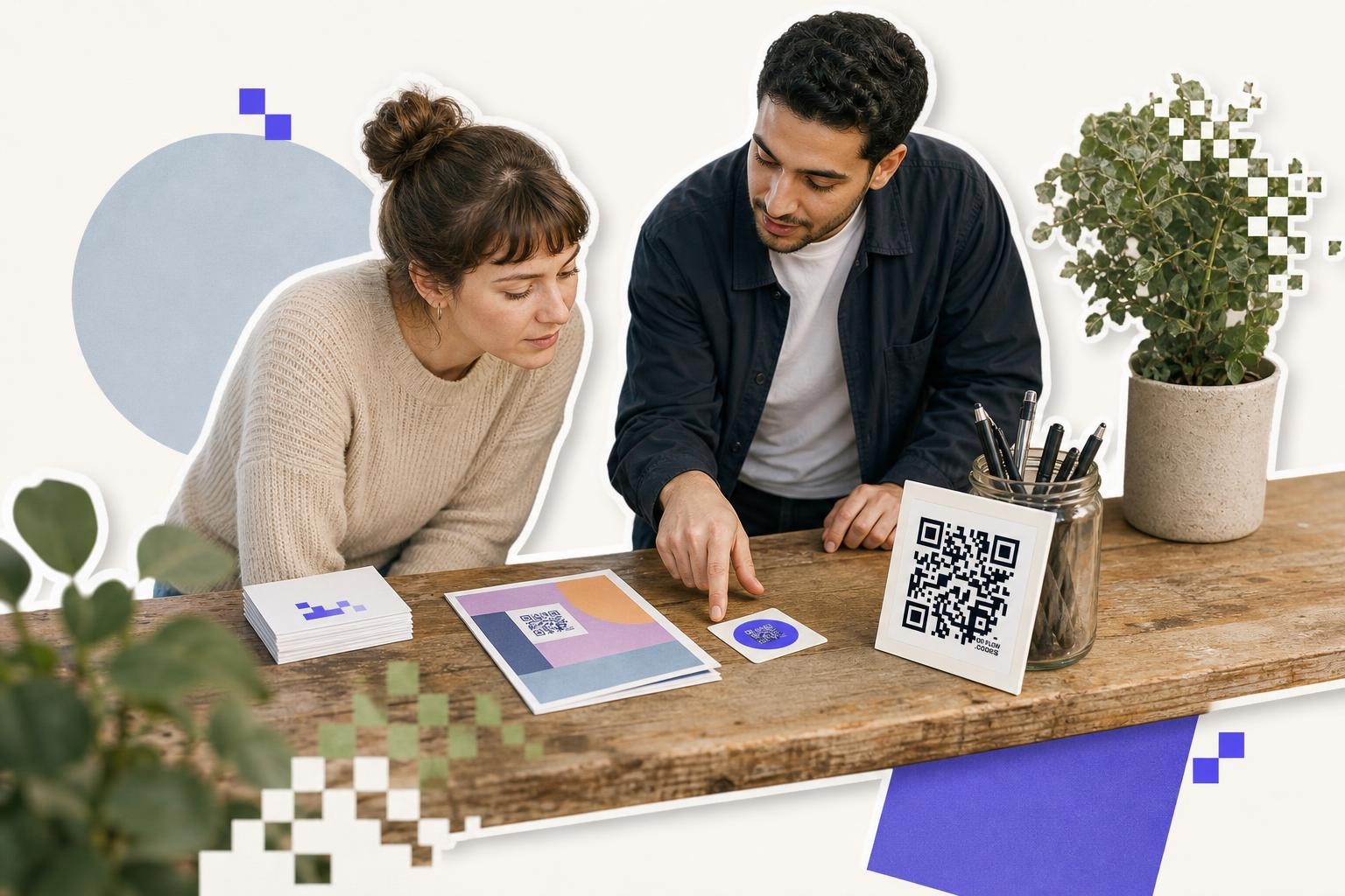 Two people at a table examining papers with a QR code card and potted plants nearby.
